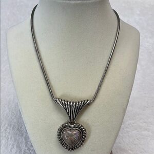 Elegant Vintage Silver Tone Heart Pendant Necklace with Purple Stone